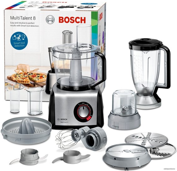 Кухонный комбайн Bosch MC812M844 (1250 Вт, максимальная скорость вращения: 15000 об/мин, объем чаши: 3.9 л, длина шнура питания: 110 см, функции: терки, измельчитель, соковыжималка, блендер)