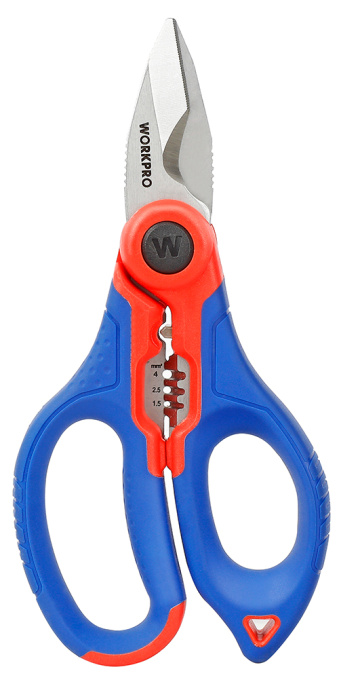 Ножницы электрика WorkPro WP294003 для электрика, лезвия из нержавеющей стали, лезвие твердостью HRC52-60*5 отверстий для зачистки толщиной 10-18 AWG, ручка из ABS/TPE