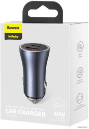 Автомобильное зарядное Baseus CCJD-0G Golden Contactor Pro Dual Quick Charger Car Charger Type-С + USB 40W, Выходы: Type-C - 20W, USB - 20W, Dark Gray