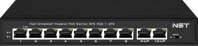 Passive PoE коммутатор Fast Ethernet/ Passive PoE коммутатор Fast Ethernet на 10 портов. Порты: 8 х FE 10/100 Base-T, 52V 4,5 + 7,8 – совместимы с PoE IEEE 802.3af/at , 2 x FE 10/100 Base-T Uplink. Совместим со стандартами PoE IEEE 802.3af/at. Мощн