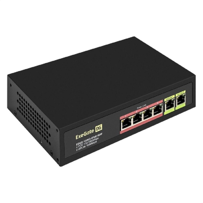 Exegate EX299022RUS Коммутатор неуправляемый ExeGate EDGS-1006D.4PoE-65W 6-портовый гигабитный UTP 10/100/1000 Base-T: 4 порта IEEE 802.3af PoE , мощность PoE: 15,4W, суммарно 65W, 2 порта RJ45 upli