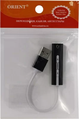 ORIENT AU-04PLB, Адаптер USB to Audio (звуковая карта), mini-jack 3.5 mm (4-pole) для подключения телефонной гарнитуры к порту USB, кнопки: громкость +/-, играть/пауза/вперед/назад; Windows/Linux/MAC OS, кабель USB-A, цвет: черный с белым