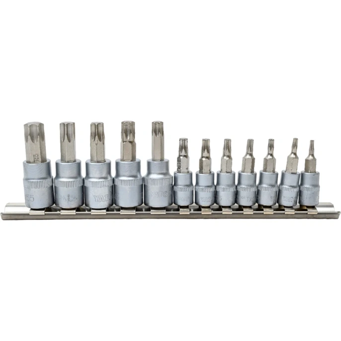 Набор головок-бит YATO TORX 1/4" Т8-Т30 3/8" Т40-Т55 12 предметов на металлической планке YT-04331 371404331 092 1