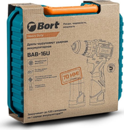 Дрель-шуруповерт аккумуляторная ударная BORT BAB-16U (2x2А.ч) 93414882