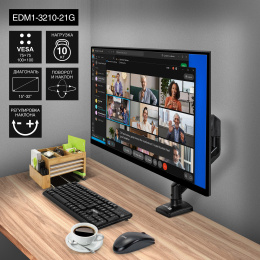 Кронштейн для монитора 13"-32" настольный ExeGate EDM1-3210-21G (алюминий, газовая пружина, VESA 75x75, 100x100, макс.нагрузка 10 кг, наклон -45°/+90°, поворот -90°/+90°, вращение 360°, 2 способа крепления: сквозное и струбцина, цвет черный) EX297361RUS