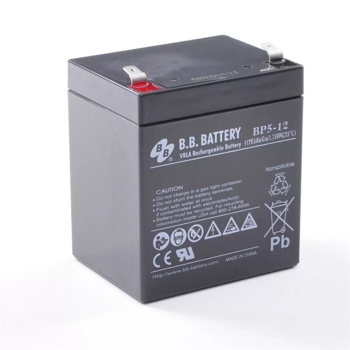 Батарея B.B. Battery серия BP, BP5-12, напряжение 12В, емкость 5Ач разряд 20 часов , макс. ток разряда 5 сек. 75А, макс. ток заряда 1.5A, свинцово-кислотная типа AGM, клеммы T2, ДxШxВ 90x70x106мм., вес 1.8кг., срок службы 10 лет/ B.B. Battery series BP