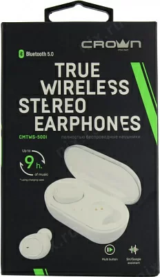 Наушники с микрофоном CROWN CMTWS-5001 White (Bluetooth 5.0 с регулятором громкости)