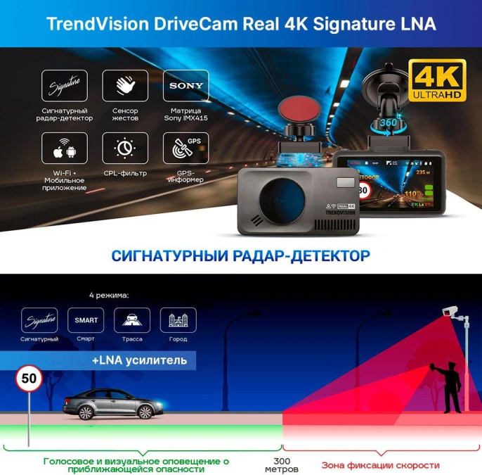 Видеорегистратор с радар-детектором TrendVision DriveCam Real 4K Signature LNA,  GPS,  ГЛОНАСС