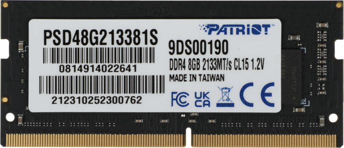 Оперативная память Patriot 8GB DDR4 SODIMM PS4-17000 [PSD48G213381S] 8 ГБ, 1 модуль DDR4 SO-DIMM, частота 2133 МГц, CL 15T, напряжение 1.2 В