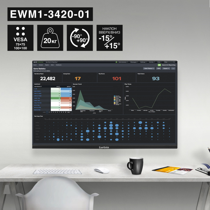 Кронштейн для TV/монитора 13"-34" настенный ExeGate EWM1-3420-01 VESA 75x75, 100x100, макс.нагрузка 20 кг, наклон -8°/+8°, поворот -90°/+90°, расстояние до стены 65-190мм, цвет черный EX297367RUS