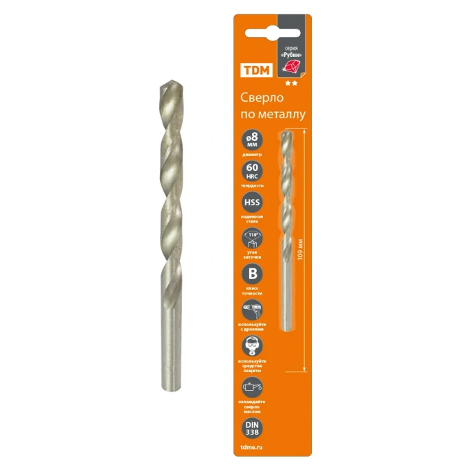 Сверло по металлу Рубин (8х109 мм; HSS; класс В, ц/х) TDM ELECTRIC SQ1090-0108