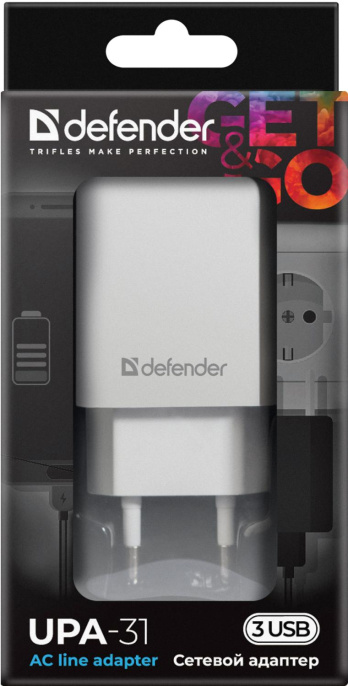 Defender Сетевой адаптер UPA-31 белый, 3xUSB, 5V/3.1А 83587