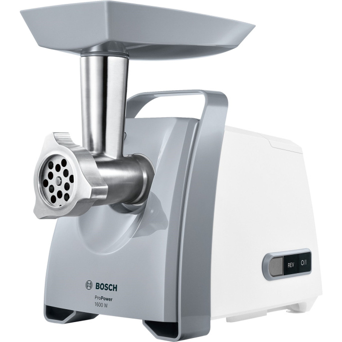 Мясорубка Bosch MFW45020 White/Grey 500 Вт, производительность: 1.9 кг/мин, реверс, материал корпуса: пластик, материал шнека: металл, насадки: диск/решетка для фарша, для «Кеббе», для домашней колбасы