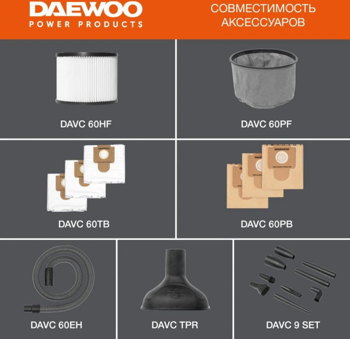 Строительный пылесос Daewoo DAVC 6025S,  оранжевый