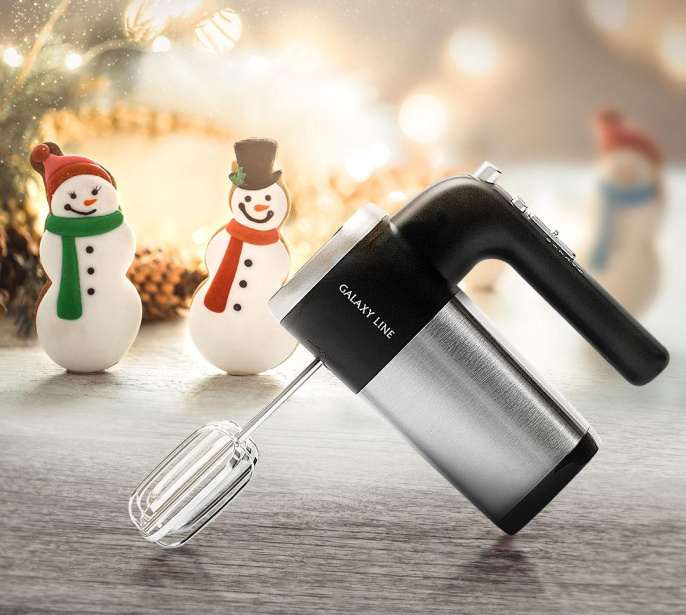 Миксер Galaxy Line GL2226 ручной, 700 Вт, 5 скоростей, турборежим, насадки: 2 насадки для замешивания теста, 2 насадки-венчика, кабель питания: 1м, цвет: черный, серебристый