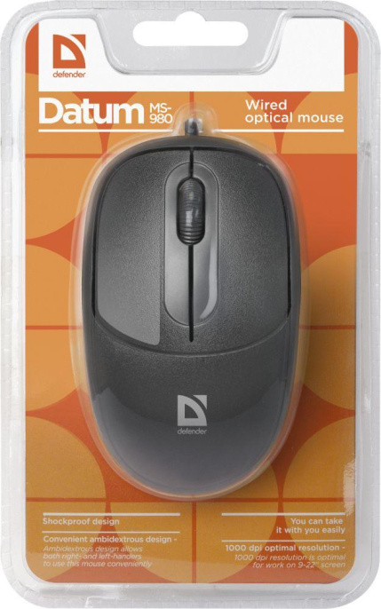 Мышь проводная Defender Datum MS-980, оптическая, USB, 1000dpi, черный [52980]