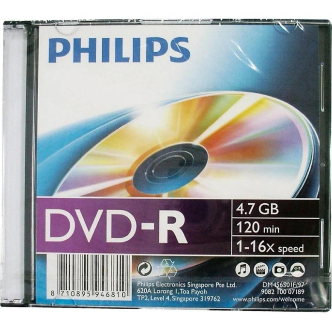 Диск DVD-R Philips 4.7 Gb, 16x, Slim Case 1