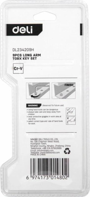 Набор шестигранных ключей «TORX" удлиненных Deli DL234209H 9 шт размеры T10,T15,T20,T25,T27,T30,T40,T45,T50, пластиковый держатель