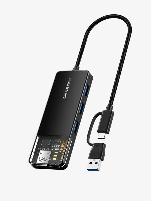 Концентратор CABLETIME CB03B (CT-HUBT3-PB) 4 порта, 5Gbps, 0.15 м, с адаптером USB-C, USB-хаб для ноутбука и ПК