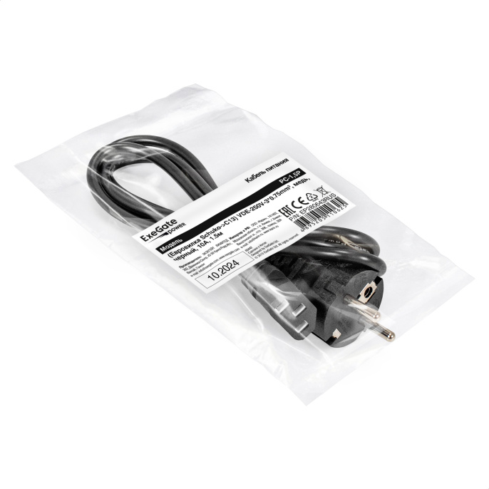 Кабель питания ExeGate Power PC-1.5P-Schuko- C13/3x0.75Cu Евровилка EU/Тип F Schuko - IEC 320 C13, VDE-250V-3*0.75mm2, медь, черный, 10A, 1.5м EP280643RUS