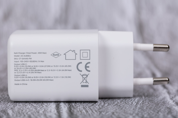 Сетевое зарядное устройство CABLETIME GA45W (CT-GAN45-PW) GaN PD3.0 45 Вт A+C, белый