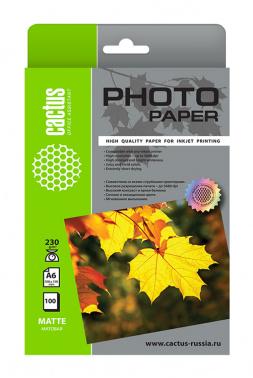 Фотобумага Cactus CS-MA6230100 10x15/230г/м2/белый/100л. матовое для струйной печати