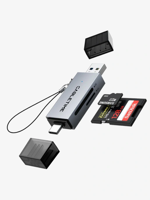 Кардридер CABLETIME CD40G (CT-ACSD3-AG) - USB 3.0, Type-C, адаптер SD/microSD, серый