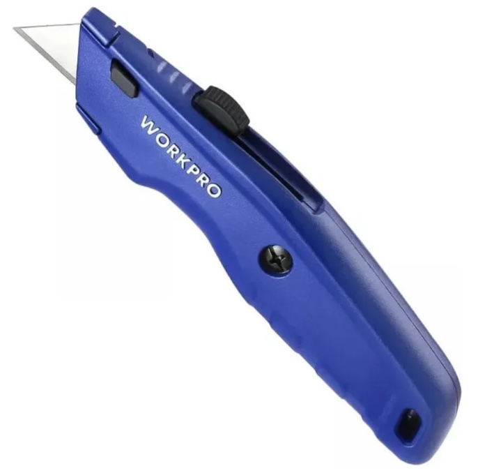 Нож строительный WorkPro WP213019 выдвижной, синий, корпус из алюминиевого сплава, эргономичный дизайн, 3-позиционное выдвижное лезвие, механизм быстрой замены лезвия, при хранении 3 шт лезвий, подходит для всех стандартных лезвий