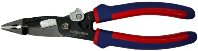 Стриппер WorkPro WP291011 универсальный, для зачистки проводов, материал: кованый CR-V, ручка: двухцветный TPR, емкость для зачистки - AWG 10 12 14, назначение: зажим, крепление гаек, зачистка, резка, обжим