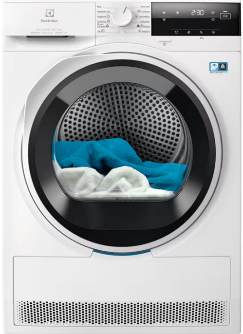 Сушильный барабан ELECTROLUX/ Сушильный барабан с тепловым насосом, Глубина, см: 63.8, Цвет: белый, Максимальная загрузка белья кг : 9, 12 программ, инверторный мотор,панель управления на английском языке (EW8D394M)