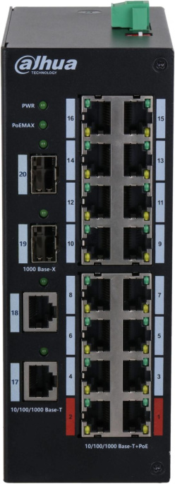 Коммутатор Dahua DH-HS3220-16GT-190 (L2) 18x1Гбит/с 4xКомбо(1000BASE-T/SFP) 2SFP 16PoE+ 190W неуправляемый