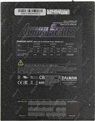 Блок питания Zalman ZM1000-ARX, 1000W, ATX12V v2.3, EPS, APFC, 13.5cm Fan, 80+ Platinum, Full Modular, Retail