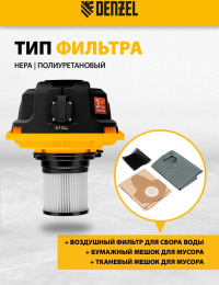 Строительный пылесос Denzel RVC30 1400Вт уборка: сухая/влажная/выдув/сбор воды серебристый (28203)