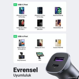 Автомобильное зарядное устройство UGREEN CD130 40858 USB-C PD+USB-A QC 30W Fast Car Charger + SCP22.5W. Цвет: серый (40858_)