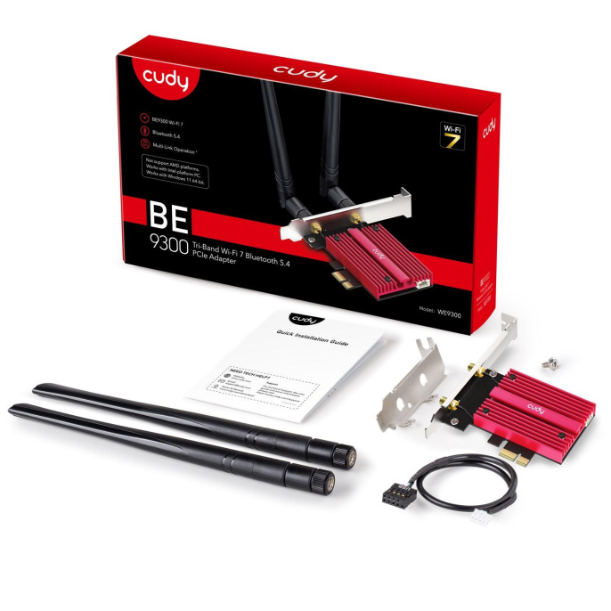 Адаптер беспроводной связи Wi-Fi CUDY BE9300 7 PCI Express Adapter 7 Bluetooth 5.4 PCI Express Adapter with Heatsink, Intel BE200 module, Tri-band 2T2R, 5.8Gbps@6Ghz+2.8Gbps@5GHz + 688Mbps@2.4GHz, 802.11be/ax/ac/a/b/g/n, Magnetized antenna base, 2 high