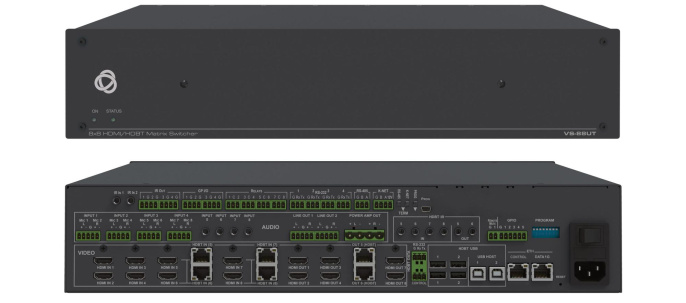 Матричный коммутатор Kramer VS-88UT 8х8 HDMI и HDBaseT с эмбеддированием/деэмбеддированием звука, встроенным главным контроллером помещения и усилителем аудио; поддержка 4K60 4:2:0, POE [50-80355020]