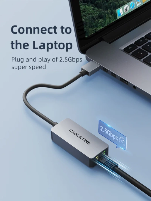USB-Хаб CABLETIME CB56G (CT-AML2500-AG) – USB 3.0 A, 2.5G RJ45 Gigabit Ethernet для ноутбуков