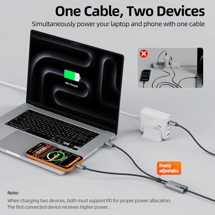 Кабель CABLETIME CU14J (CT-2CM140-AG) 1.5м USB-C на два USB-C 140 Вт черный плетеный