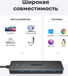 USB-хаб Ugreen CM219 25851 подключение по USB-A, 4 x USB-A, корпус пластик