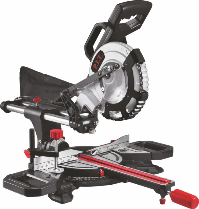 Торцовочная пила P.I.T. PCM210-C электрическая, 1700Вт, 210мм, 3500/4900 об/мин, +-45°, протяжка, лазер