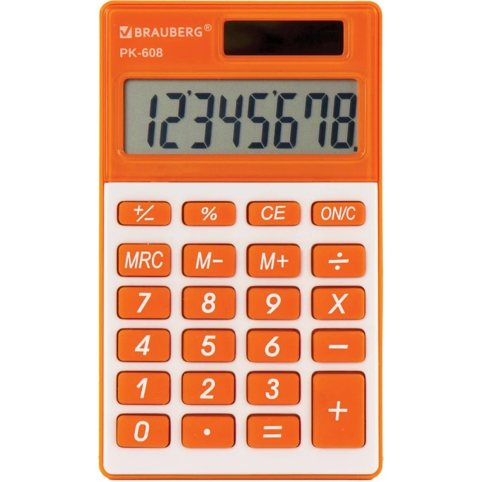 Карманный калькулятор BRAUBERG PK-608-RG 107x64 мм, 8 разрядов, двойное питание, оранжевый 250522