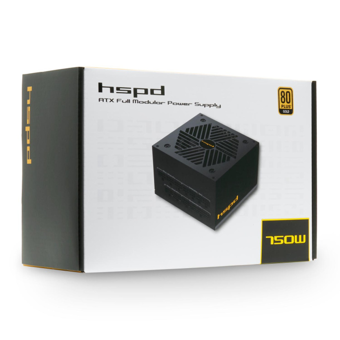 Блок питания HSPD, 750W 80+ Gold ATX, 2.52, Full modular, 1x24 20+4 pin mesh 550mm, 1xCPU*2 8 4+4 pin 650+150mm, 2xPCIe*2 8 6+2 pin 500+150mm, 2xSATA*3 450+150+150mm, 1xMOLEX4pin*3 450+150+150mm , Active, 120x120mm, 150x140x86mm, APFC, OVP, UVP, SCP, OC