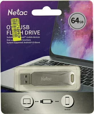 Накопитель 64 Gb USB3.0 Netac U782C NT03U782C-064G-30PN (Type-A/Type-C (5 Гбит/сек), раскладной корпус, металл, скорость 110/30 МБ/с, цвет серебристый)