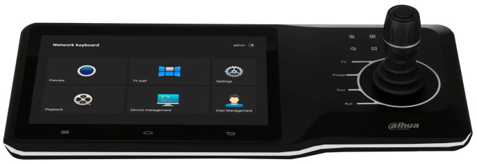 Пульт управления Dahua DHI-NKB5200 с дисплеем с Wi-Fi ОС: Android 7.1. назначение: PTZ-видеокамеры, NVR, DVR, HCVR, VMS, IP-камеры, XVR, интерфейсы: Ethernet, RS-485, RS-422, USB, RS-232; PTZ-функции: предустановки, автосканирование, автопанорамирование,