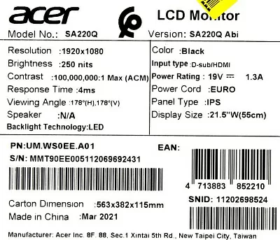 21.5" ЖК монитор Acer UM.WS0EE.A01 SA220QAbi Black (LCD 1920x1080 D-Sub HDMI)