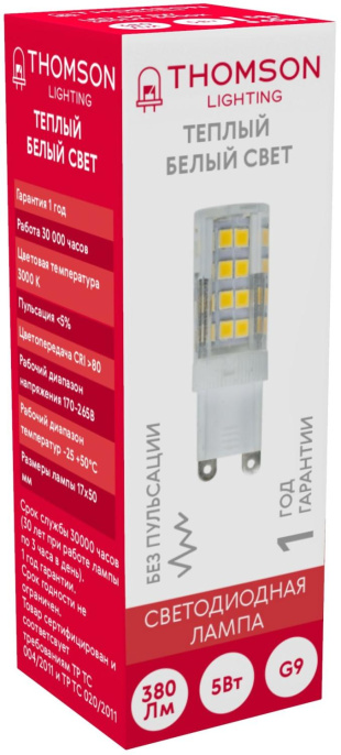 Лампа светодиодная Thomson TH-B4240 5Вт цок.:G9 капсул. 220B св.свеч.бел.теп. упак.:1шт