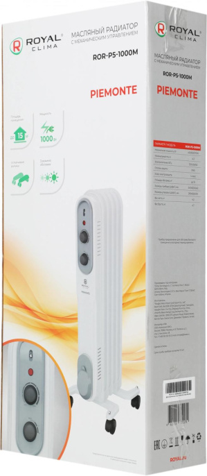 Масляный радиатор Royal Clima Piemonte ROR-P5-1000M, с терморегулятором, 1000Вт, 4 секций, 3 режима, белый