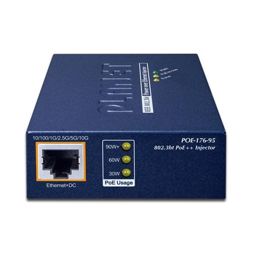 Инжектор/ PLANET POE-176-95 Single-Port 10Gbps 802.3bt PoE++ Injector 95 Watts, 802.3bt Type-4, PoH, force mode support, PoE Usage LED, 10/100/1G/2.5G/5G/10Gbps Data rate -w/external 54V 130W AC power adapter included