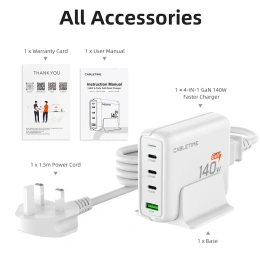 Зарядное устройство CABLETIME G14WE (CT-GAN140-PWE) GaN II PD3.1 3C1A 140 Вт, ЕС/США, белый