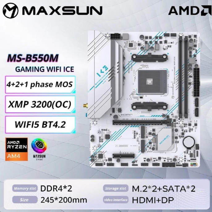 MAXSUN MS-B550M GAMING WIFI ICE Socket AM4, mATX, 4*DDR4 64Gb , DP/HDMI, 3*SATA3, 2*M.2, 1*PCIEx16/1*PCIEx4, 4*USB2.0, 2*USB 3.0, LAN 1*1G, Bluetooth, Wi-Fi 802.11ac, RTL